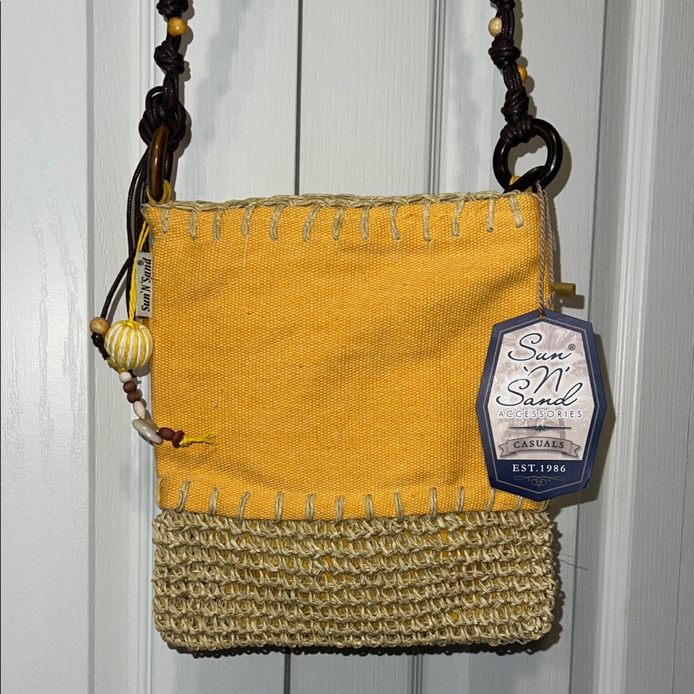 Sun 'N' Sand Yellow and Tan Crossbody Bag-Straw mix-wood-vacation